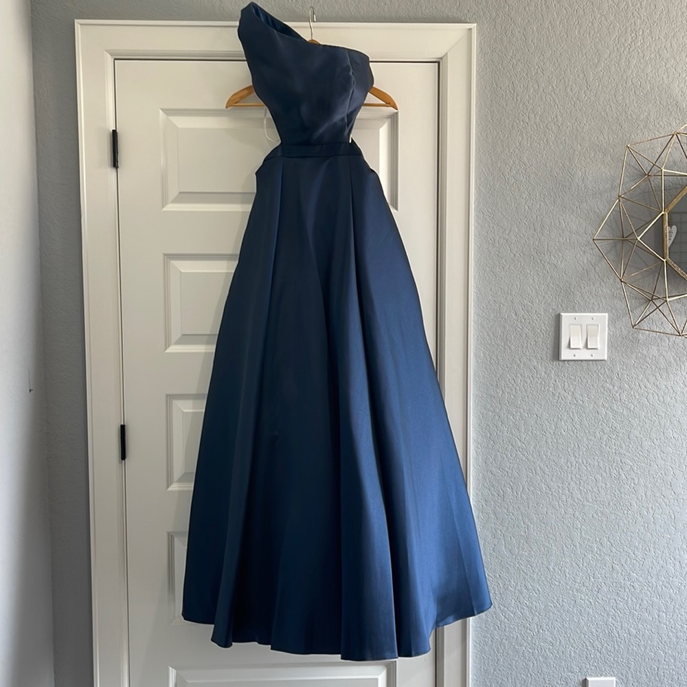 Navy blue one shoulder ball gown